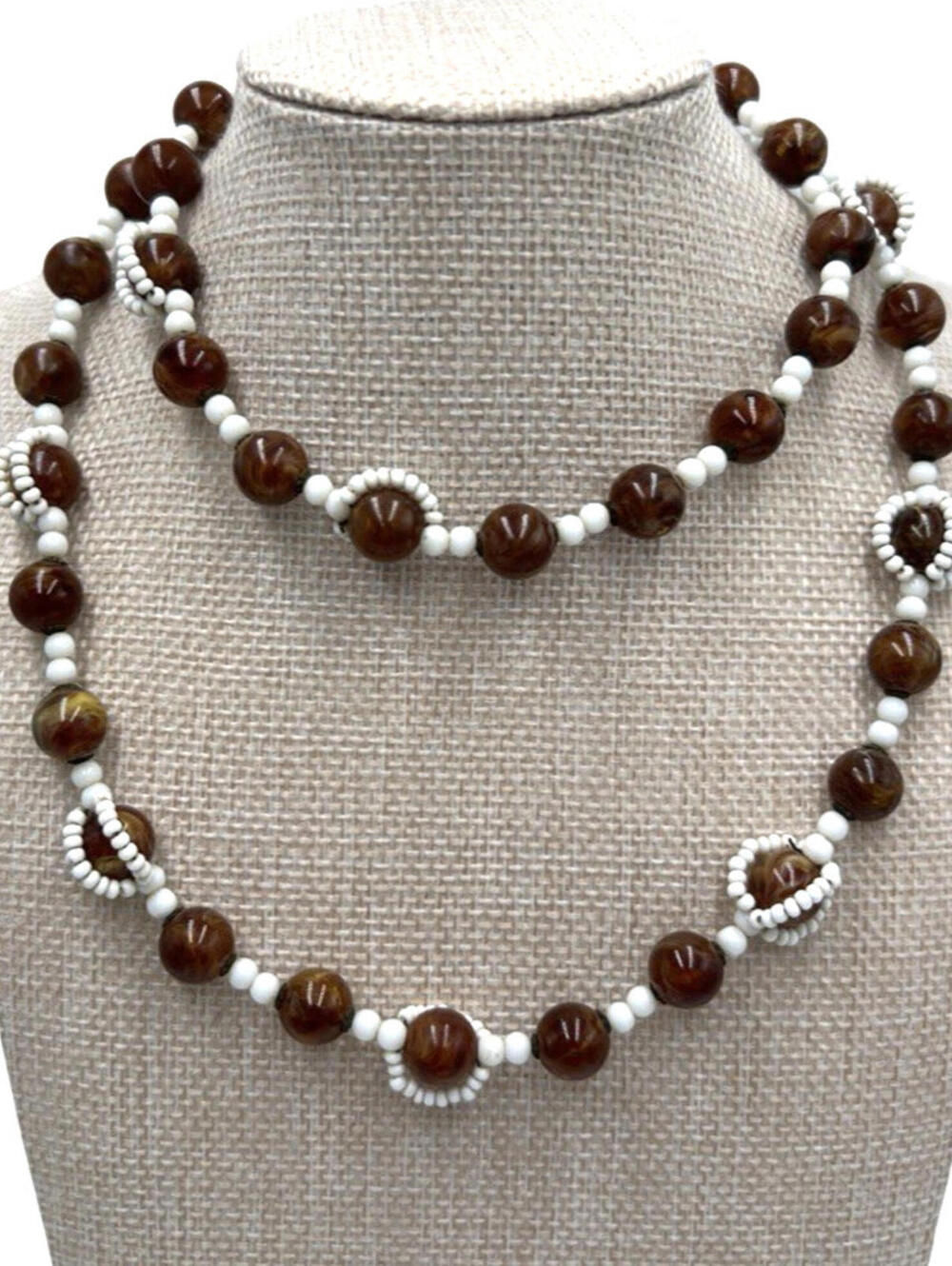 Miriam Haskell Bead Necklace Glass Brown & White Wrap Around